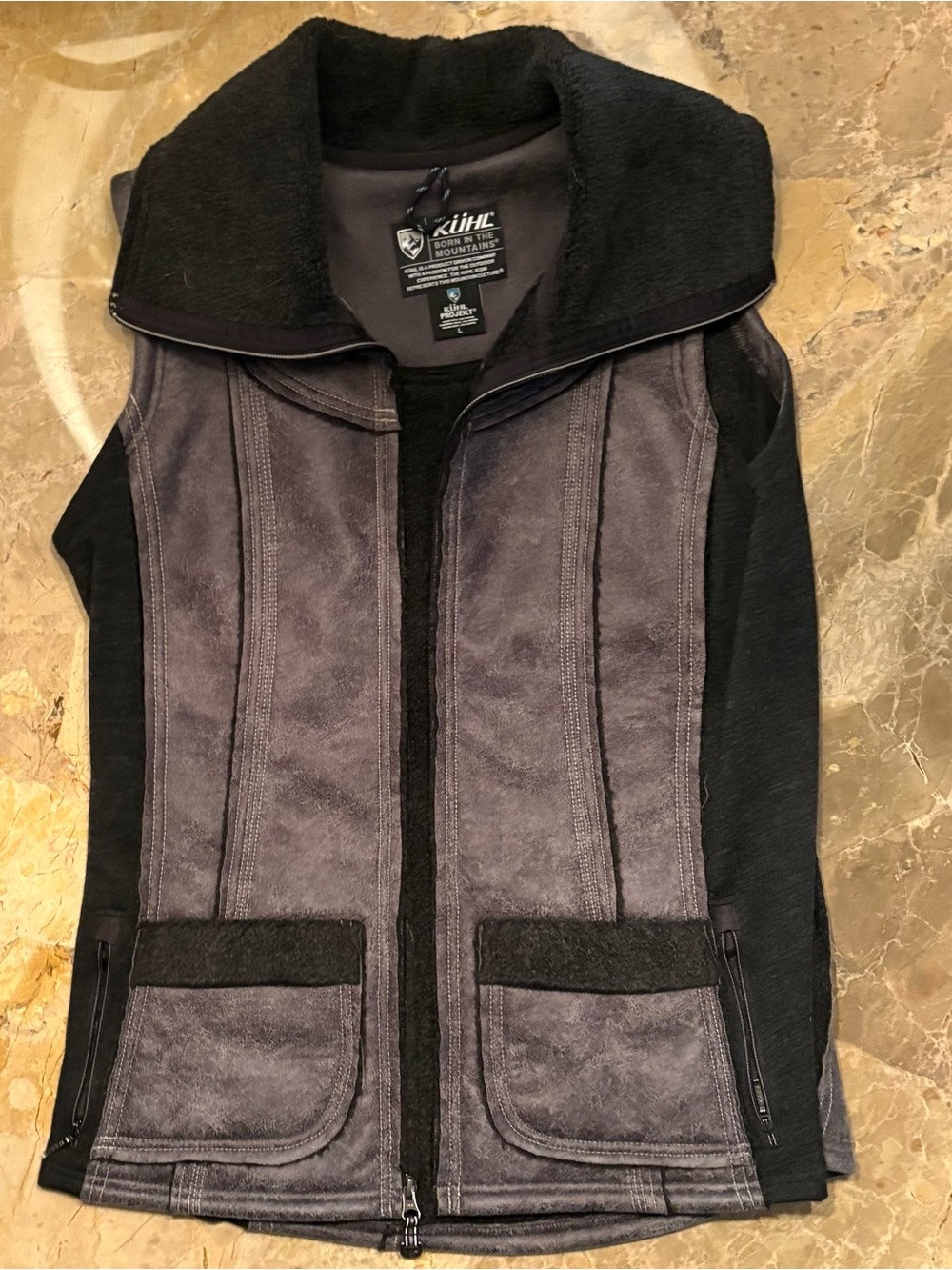 KUHL Women's Gray and Black Sleeveless Vest with Suede-Look Front